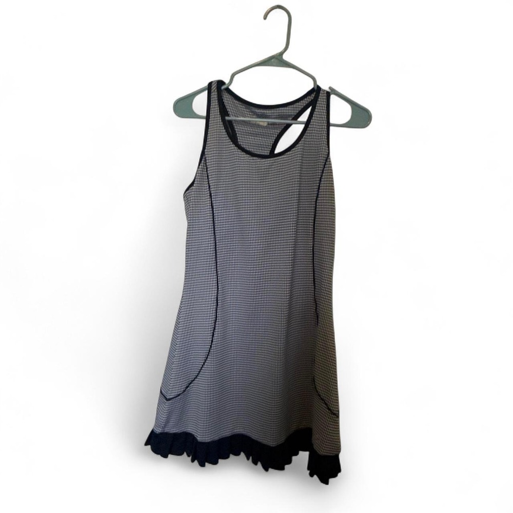 Navy White Gingham Ruffle Hem Racerback Tennis Dress with Pockets Sleeveless